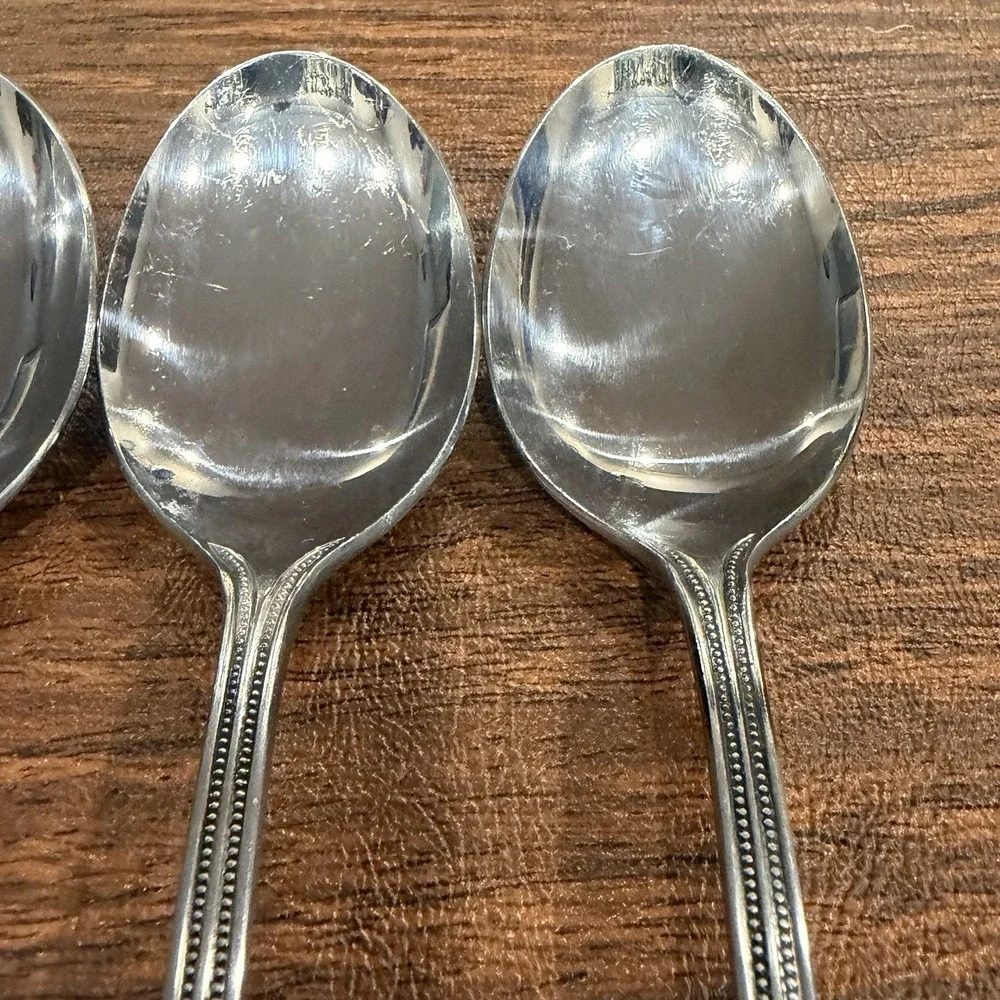 Salem 1776 Stainless SET OF 4 Oval Soup Spoons Beaded Edge Flatware Vintage 70s